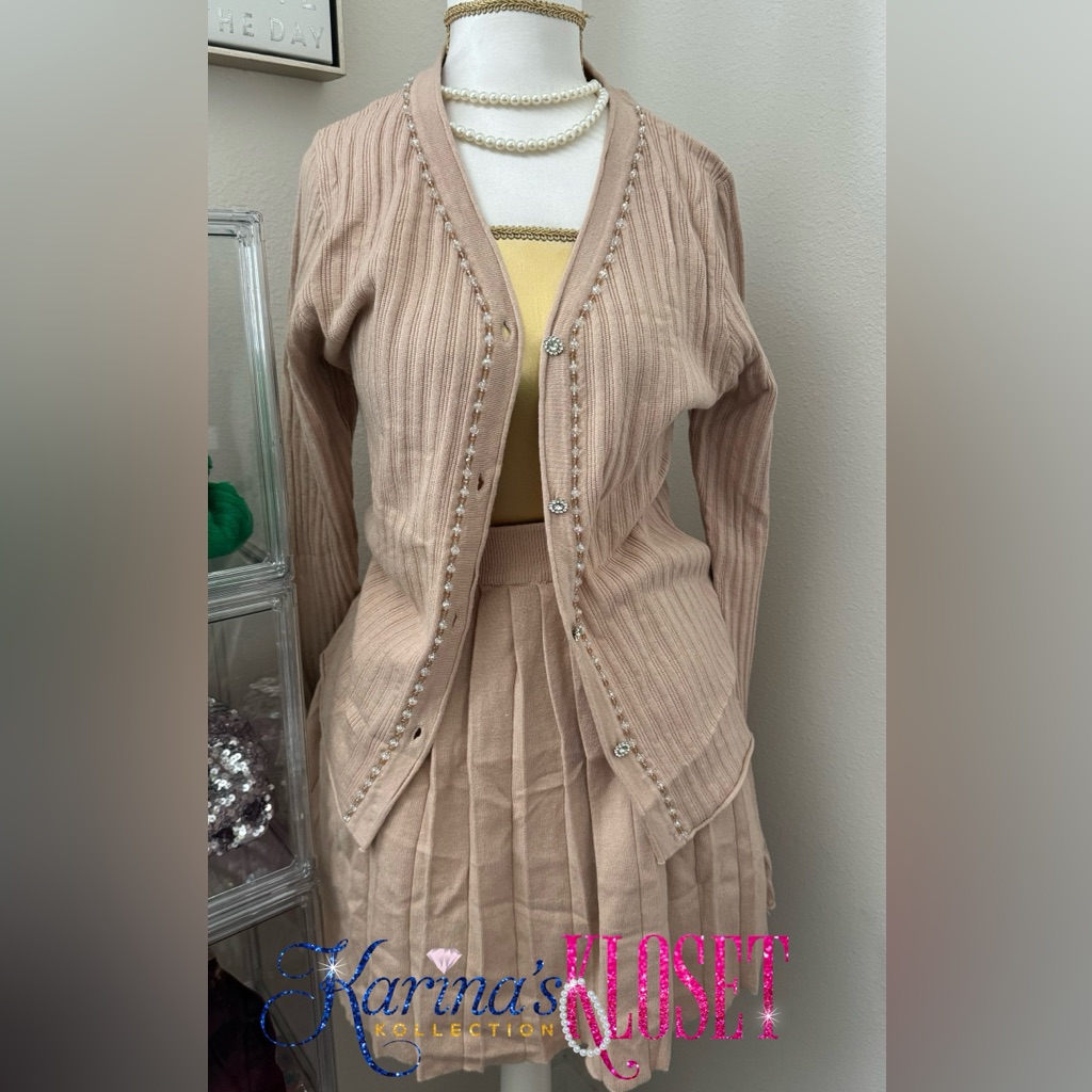 Elegant Cream Cardigan Sweater & Matching Pleated Skirt W/Embellished Jewels